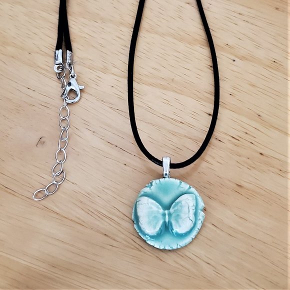 Handmade Ceramic Aqua Green Butterfly Pendant Necklace - Picture 4 of 11